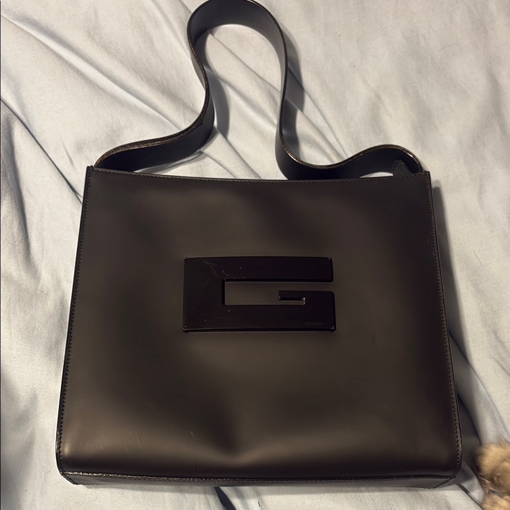 Black Glazed Leather Gucci “Square G” Shoulder Bag